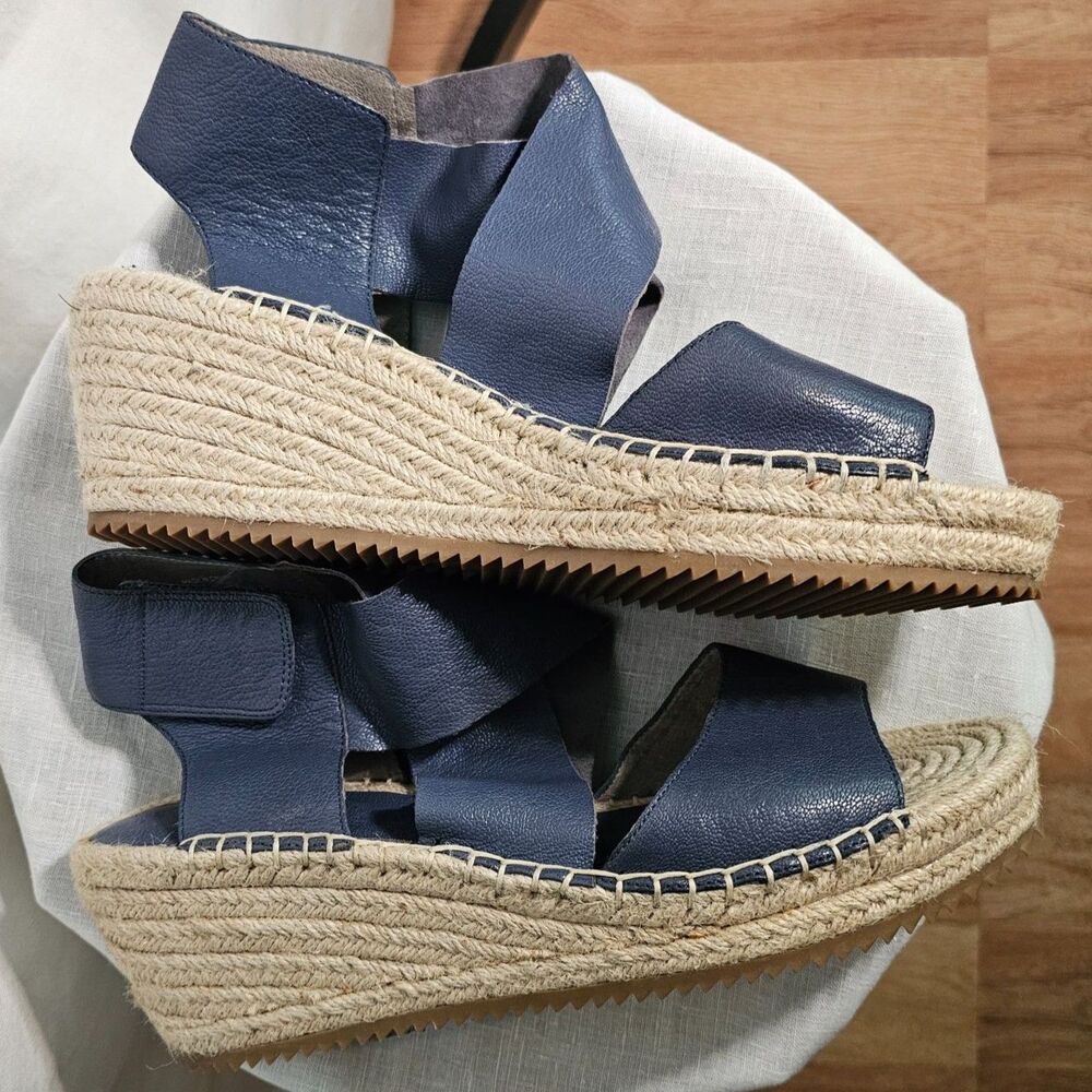New Eileen Fisher Slate Blue Leather Strappy Platform Wedge Sandals sz 10 w Heel - Picture 4 of 7